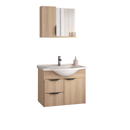 Imagen de Mueble de baño suspendido Crystal  Roble 56 cm Bacha de resina natural y espejo con botiquín