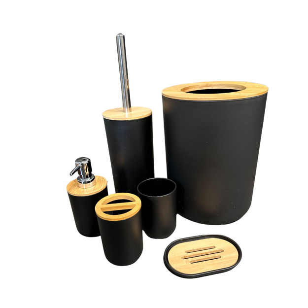 Imagen de Set de baño 6 pz Negro y madera (papelera-dispensadores)