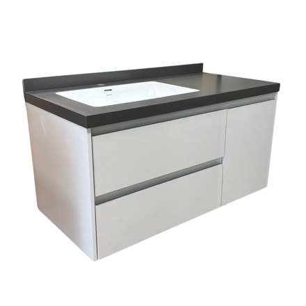 Imagen de Mueble de baño suspendido Vip Blanco 100cm mesada porcelanato gris con Bacha de Loza